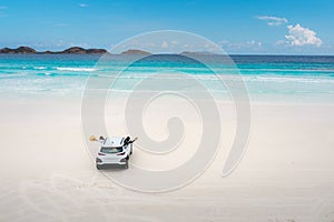 Aerial view of car parking in beach at Lucky Bay in Cape Le Grand National Park, near Esperance, Western Australia, Australia.