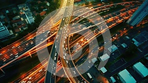 Aerial view of car traffic on multi lane highways or expressways, traffic in roundabouts is part of everyday life. Generative Ai