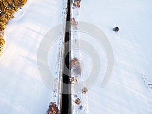 Aerial view of a car on winter road in the forest. Winter landscape countryside. Aerial photography of snowy forest with a car on