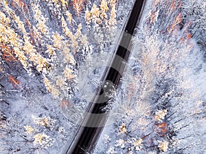 Aerial view of a car on winter road in the forest. Winter landscape countryside. Aerial photography of snowy forest with a car on