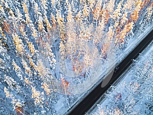 Aerial view of a car on winter road in the forest. Winter landscape countryside. Aerial photography of snowy forest with a car on