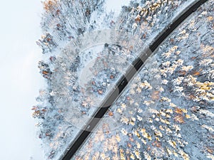 Aerial view of a car on winter road in the forest. Winter landscape countryside. Aerial photography of snowy forest with a car on