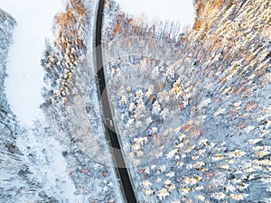 Aerial view of a car on winter road in the forest. Winter landscape countryside. Aerial photography of snowy forest with a car on