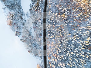 Aerial view of a car on winter road in the forest. Winter landscape countryside. Aerial photography of snowy forest with a car on