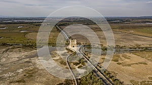 Aerial view of the Carbonniere Tower near Aigues-Mortes city in France