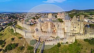 Aerial view of Carcassonne medieval city and fortress castle from above, Sourthern France