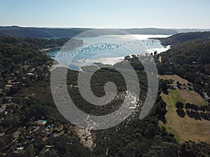 Aerial view of Careel Bay and Ku-ring-gai National Park