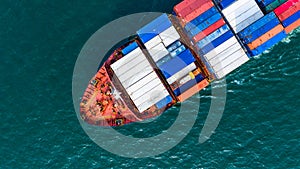 Aerial view cargo container ship carrying container for import and export, business logistic and freight transportation by ship in