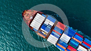 Aerial view cargo container ship carrying container for import and export, business logistic and freight transportation by ship in