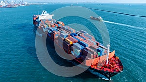 Aerial view cargo container ship, Container cargo vessel ship carrying container for import export freight shipping, Global