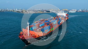 Aerial view cargo container ship, Container cargo vessel ship carrying container for import export freight shipping, Global
