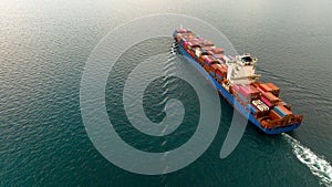 Aerial view cargo container ship, Container cargo vessel ship carrying container for import export logistic freight shipping,