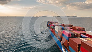 Aerial view cargo container ship, Container cargo vessel ship carrying container for import export logistic freight shipping,