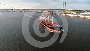 Aerial View Cargo Container Ship Delaware River Philadelphia