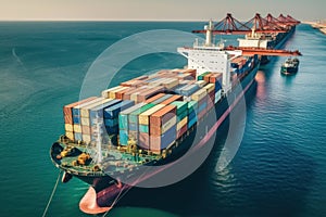 Aerial view of a cargo container ship. Fully loaded container ship against the background of a cargo terminal in a