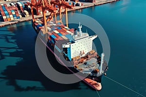 Aerial view of a cargo container ship. Fully loaded container ship against the background of a cargo terminal in a