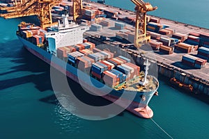 Aerial view of a cargo container ship. Fully loaded container ship against the background of a cargo terminal in a