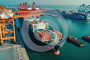 Aerial view of a cargo container ship. Fully loaded container ship against the background of a cargo terminal in a