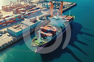 Aerial view of a cargo container ship. Fully loaded container ship against the background of a cargo terminal in a