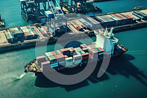 Aerial view of a cargo container ship. Fully loaded container ship against the background of a cargo terminal in a