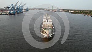 Aerial View of Cargo Container Ship Sailing the Delaware River