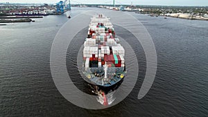 Aerial View of Cargo Container Ship Sailing the Delaware River