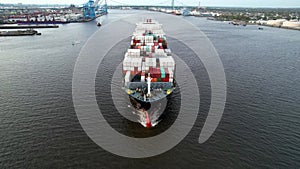 Aerial View of Cargo Container Ship Sailing the Delaware River