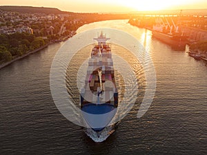 Aerial view of cargo container ship in the sea