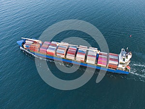 Aerial view of cargo container ship in the sea