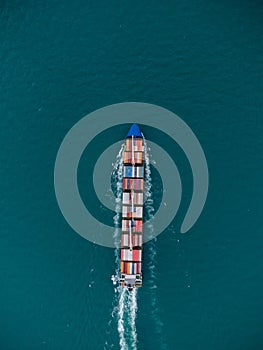 Aerial view of cargo container ship in the sea