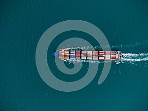 Aerial view of cargo container ship in the sea