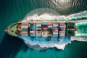 Aerial View of a Cargo Container Ship at Sea. AI