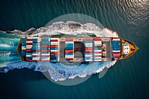 Aerial View of a Cargo Container Ship at Sea. AI