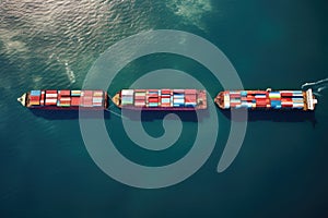 Aerial view of cargo container ship in the sea. Freight transportation concept, Four container ships sail across the ocean in this