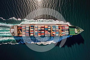 Aerial view of cargo container ship in the sea. Generative AI
