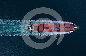 Aerial view of cargo container ship in the sea at night