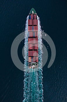 Aerial view of cargo container ship in the sea at night