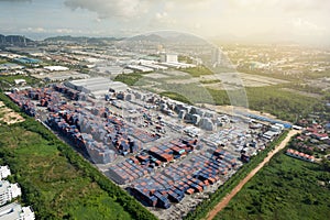 Aerial view of cargo containers piled together