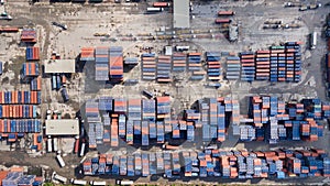 Aerial view of cargo containers piled together
