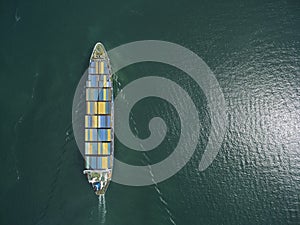 Aerial view of cargo ship, cargo container in warehouse harbor a