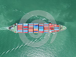 Aerial view of cargo ship, cargo container in warehouse harbor a