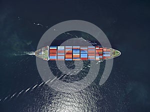 Aerial view of cargo ship, cargo container in warehouse harbor a