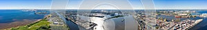 Aerial view of cargo ship, cargo container in warehouse harbor in the Morskie Vorota district in St. Petersburg