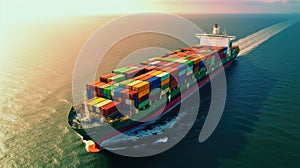 Aerial view of cargo ship carrying containers. Container ship in the ocean, setting sun reflected in the water. Global