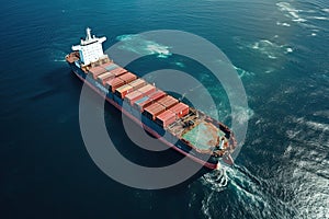 Aerial view of cargo ship with container sailing in the sea. Aerial view of cargo ship in the ocean. 3d rendering, AI Generated