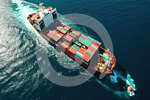 Aerial view of cargo ship with container sailing in the sea, Container ship in the sea. Top view, AI Generated