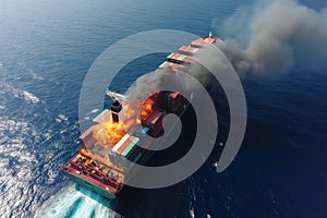 aerial view of a cargo ship with containers on fire in the open sea