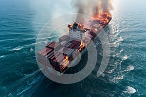 aerial view of a cargo ship with containers on fire in the open sea