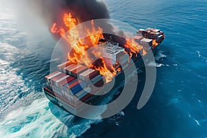 aerial view of a cargo ship with containers on fire in the open sea