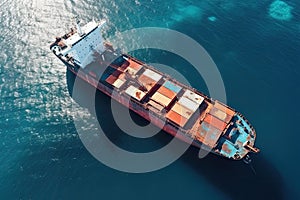 Aerial view of a cargo ship sailing in the blue sea. Aerial view of cargo ship in the ocean. 3d rendering, AI Generated